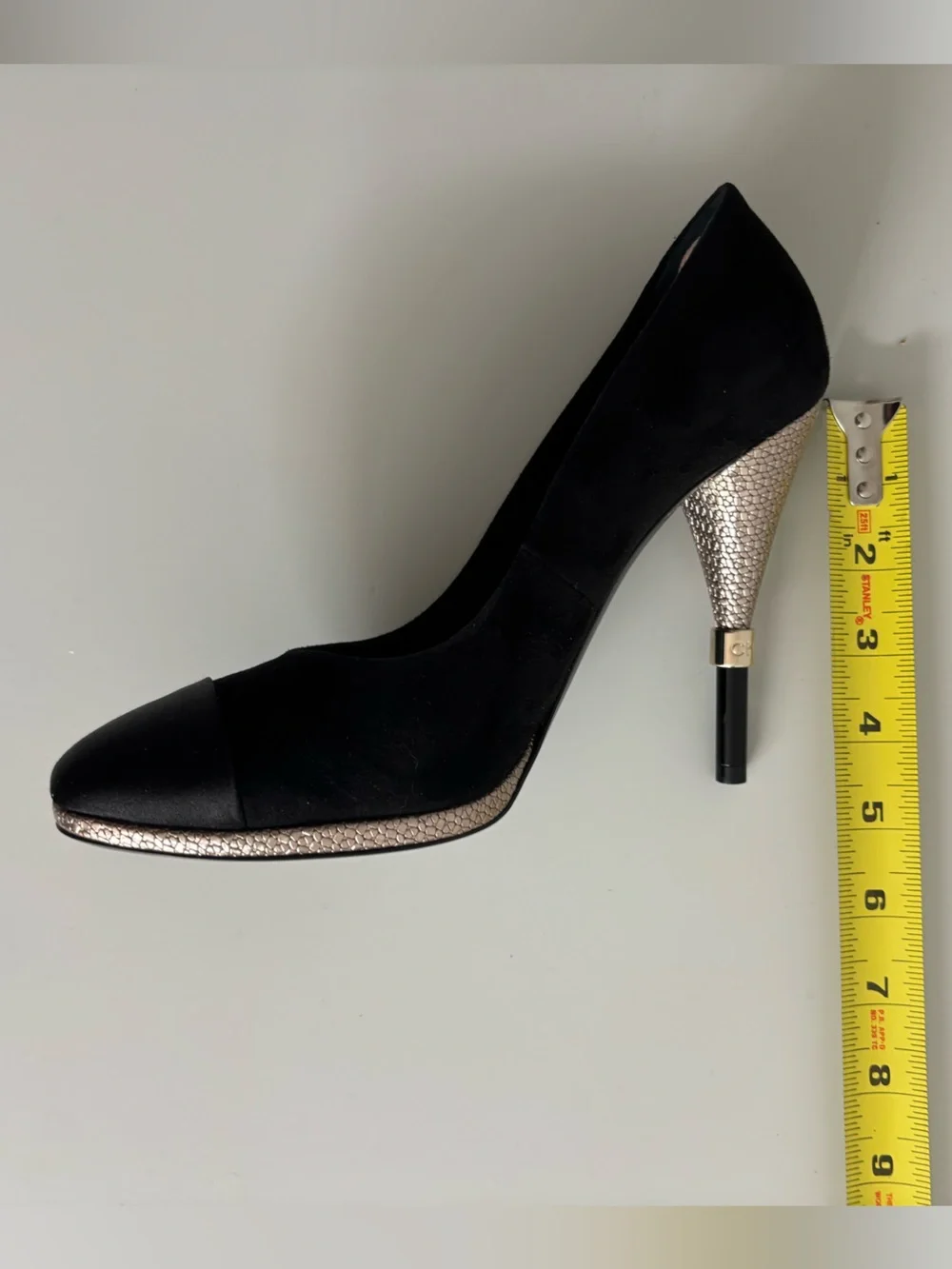 Authentic Chanel 4.5in Black Suede Heels with Rose Gold Patterned